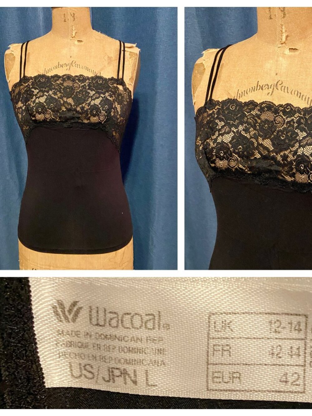 WACOAL Black Lace Camisole Top Adjustable Straps L Coquette Whimsigoth Boho